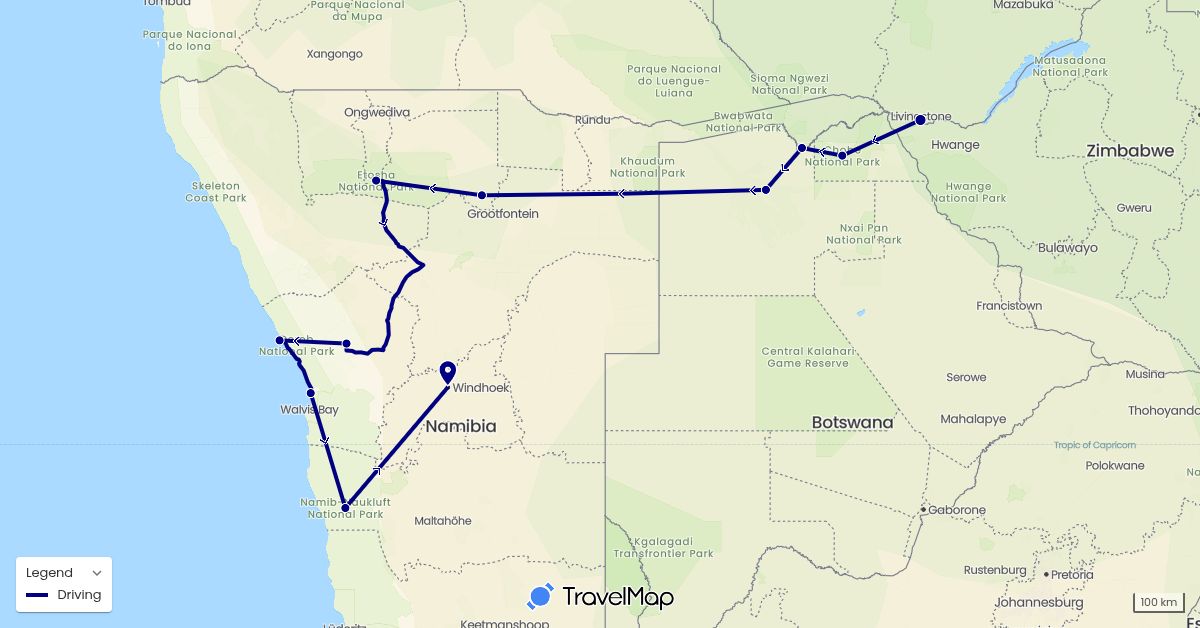 TravelMap itinerary: driving in Botswana, Namibia, Zimbabwe (Africa)