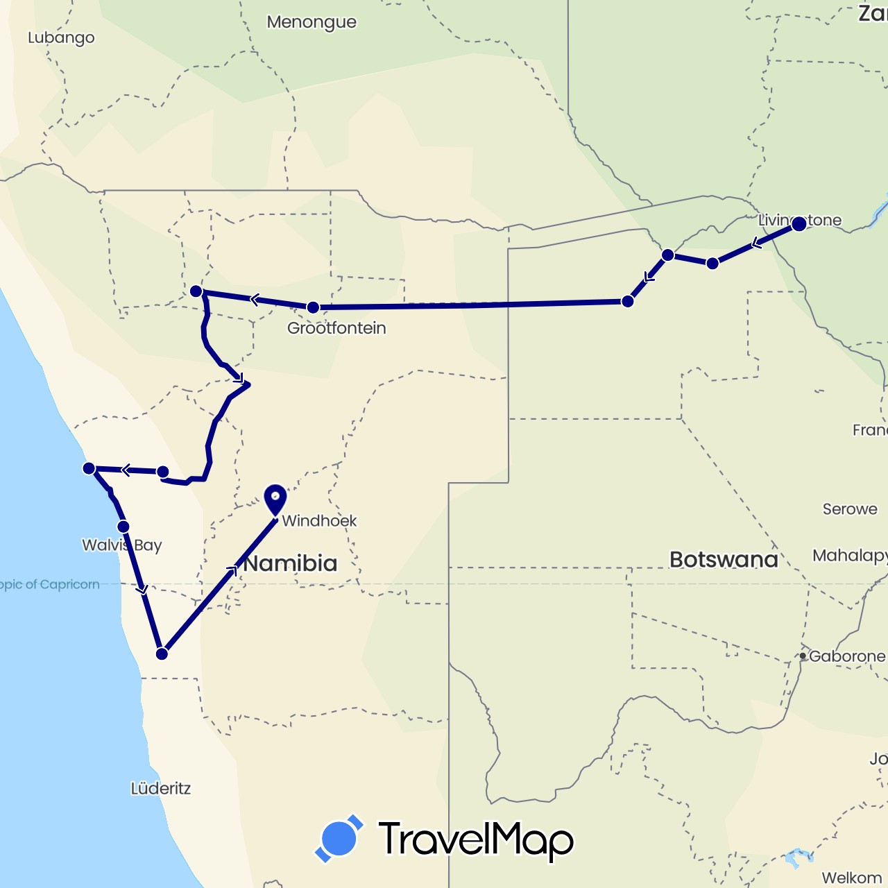 TravelMap itinerary: driving in Botswana, Namibia, Zimbabwe (Africa)