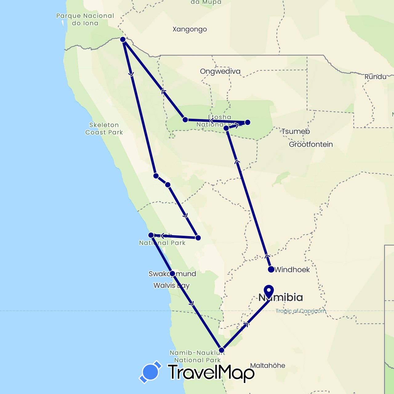 TravelMap itinerary: driving in Namibia (Africa)