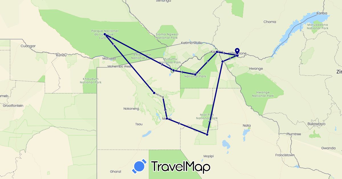 TravelMap itinerary: driving, plane in Angola, Botswana, Namibia, Zimbabwe (Africa)