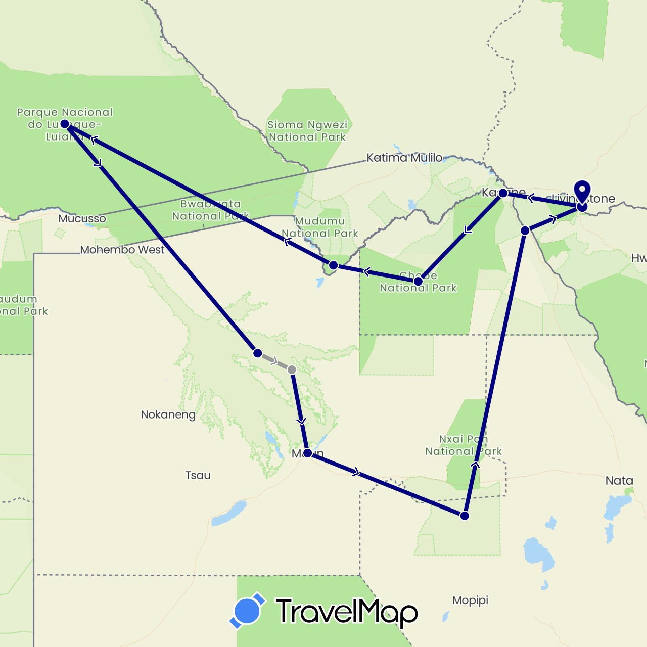 TravelMap itinerary: driving, plane in Angola, Botswana, Namibia, Zimbabwe (Africa)