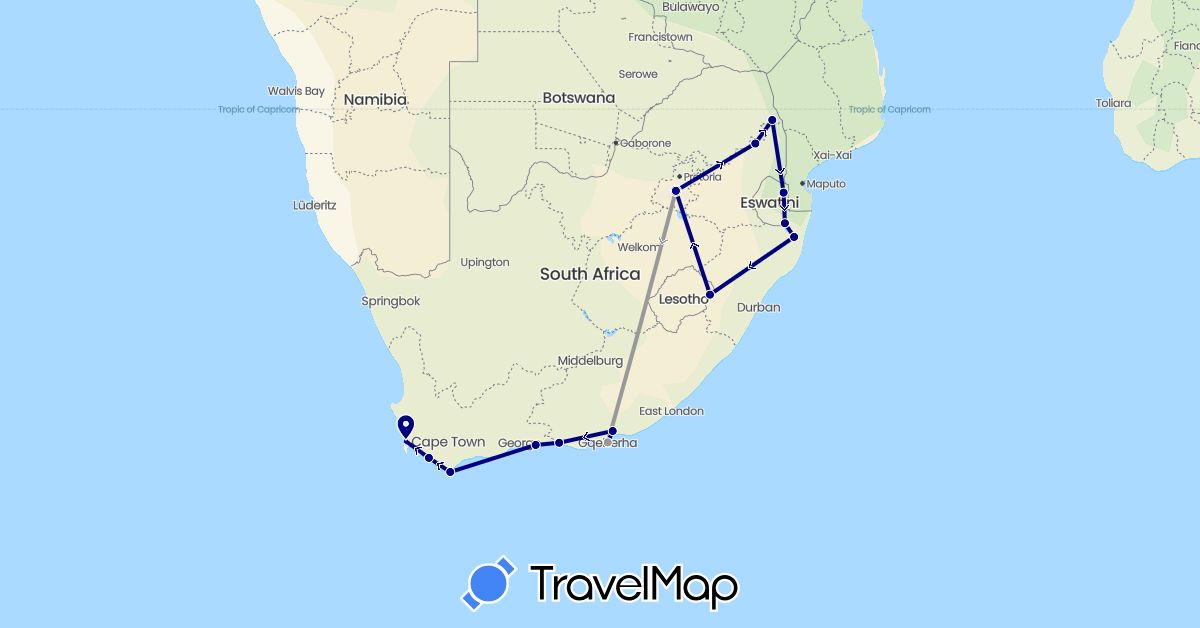 TravelMap itinerary: driving, plane in Lesotho, Swaziland, South Africa (Africa)