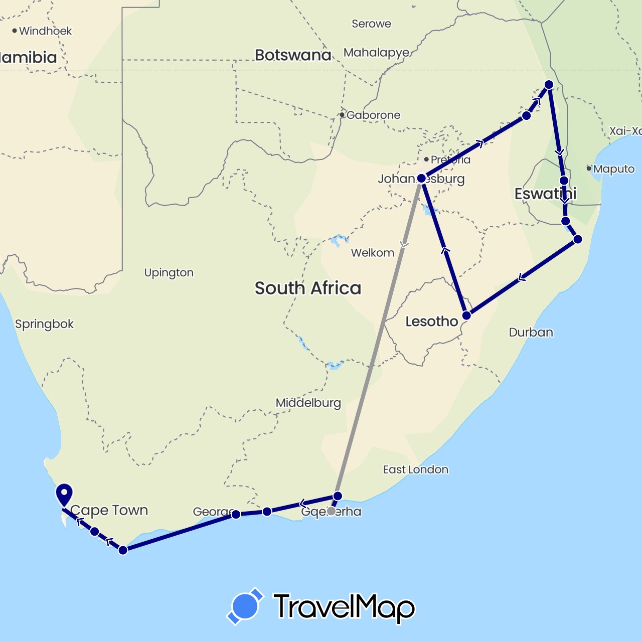 TravelMap itinerary: driving, plane in Lesotho, Swaziland, South Africa (Africa)