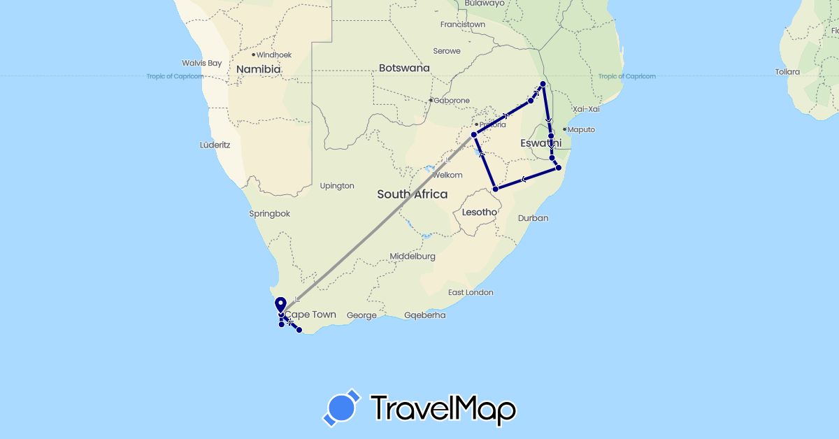 TravelMap itinerary: driving, plane in Swaziland, South Africa (Africa)
