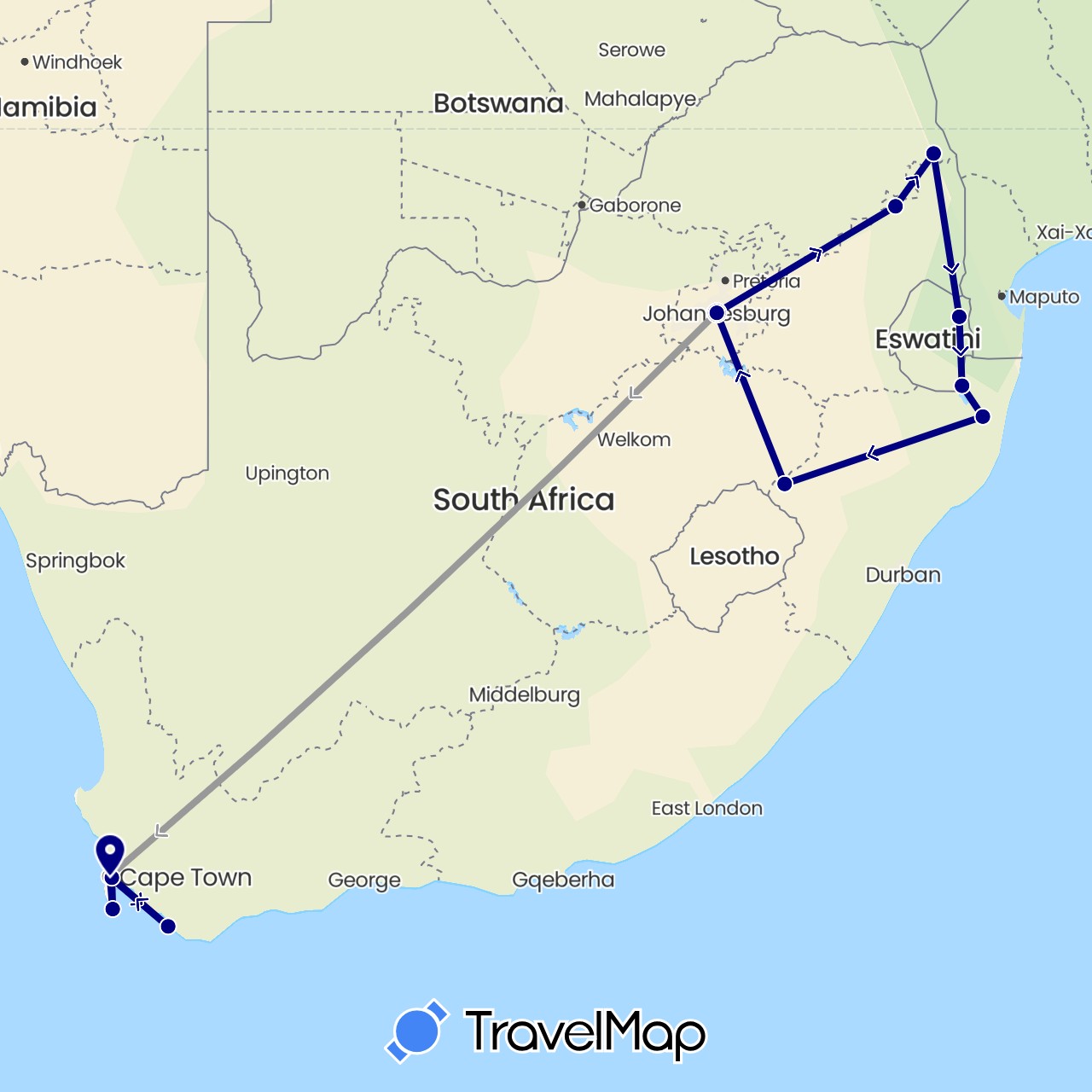 TravelMap itinerary: driving, plane in Swaziland, South Africa (Africa)