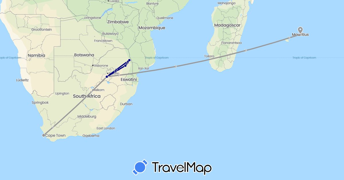 TravelMap itinerary: driving, plane in Mauritius, South Africa (Africa)