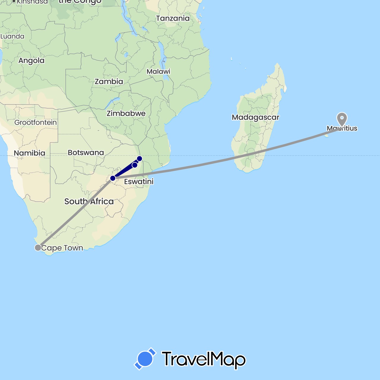 TravelMap itinerary: driving, plane in Mauritius, South Africa (Africa)