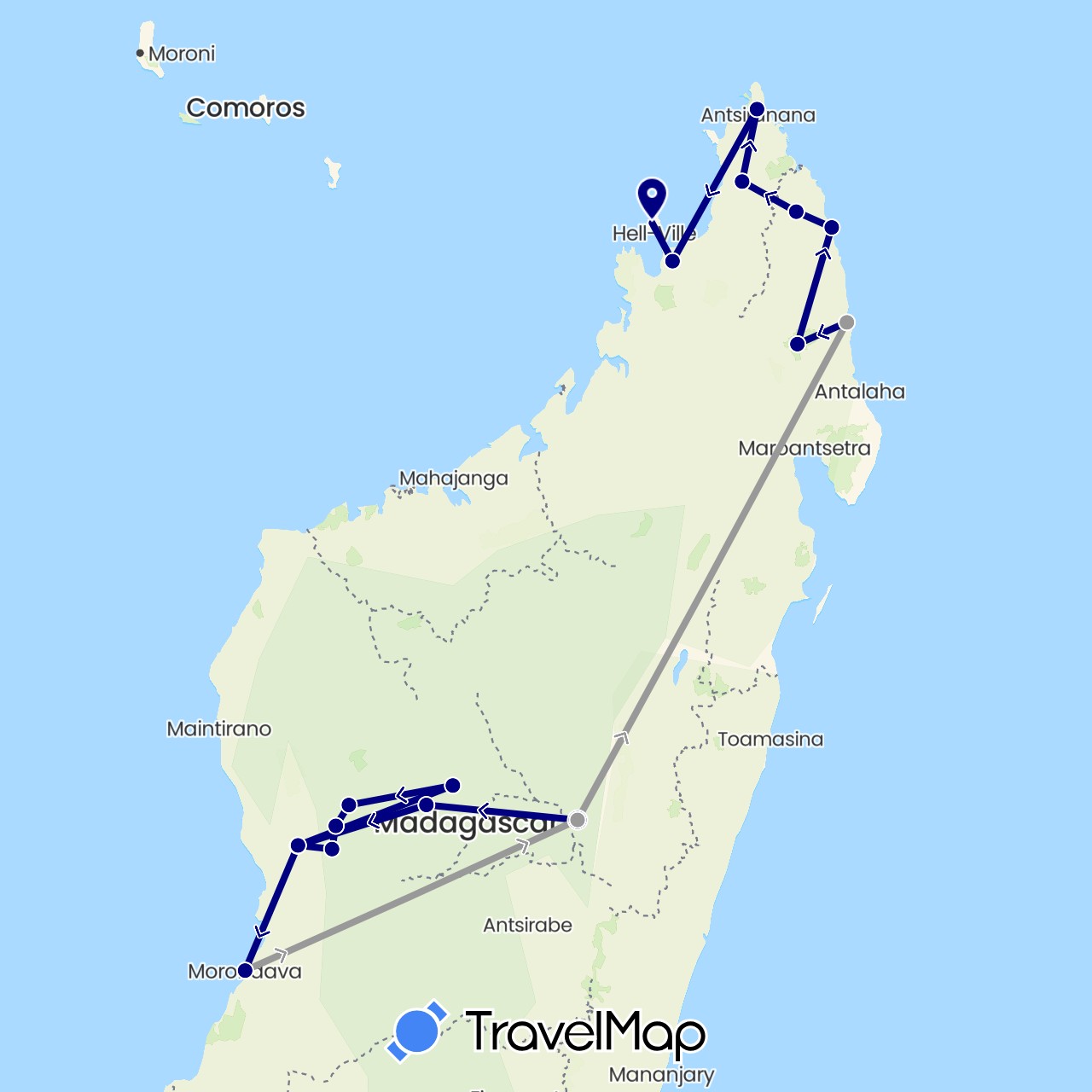 TravelMap itinerary: driving, plane in Madagascar (Africa)