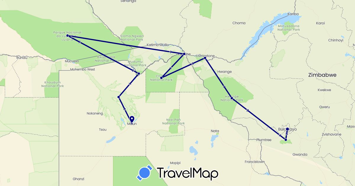 TravelMap itinerary: driving in Angola, Botswana, Namibia, Zimbabwe (Africa)