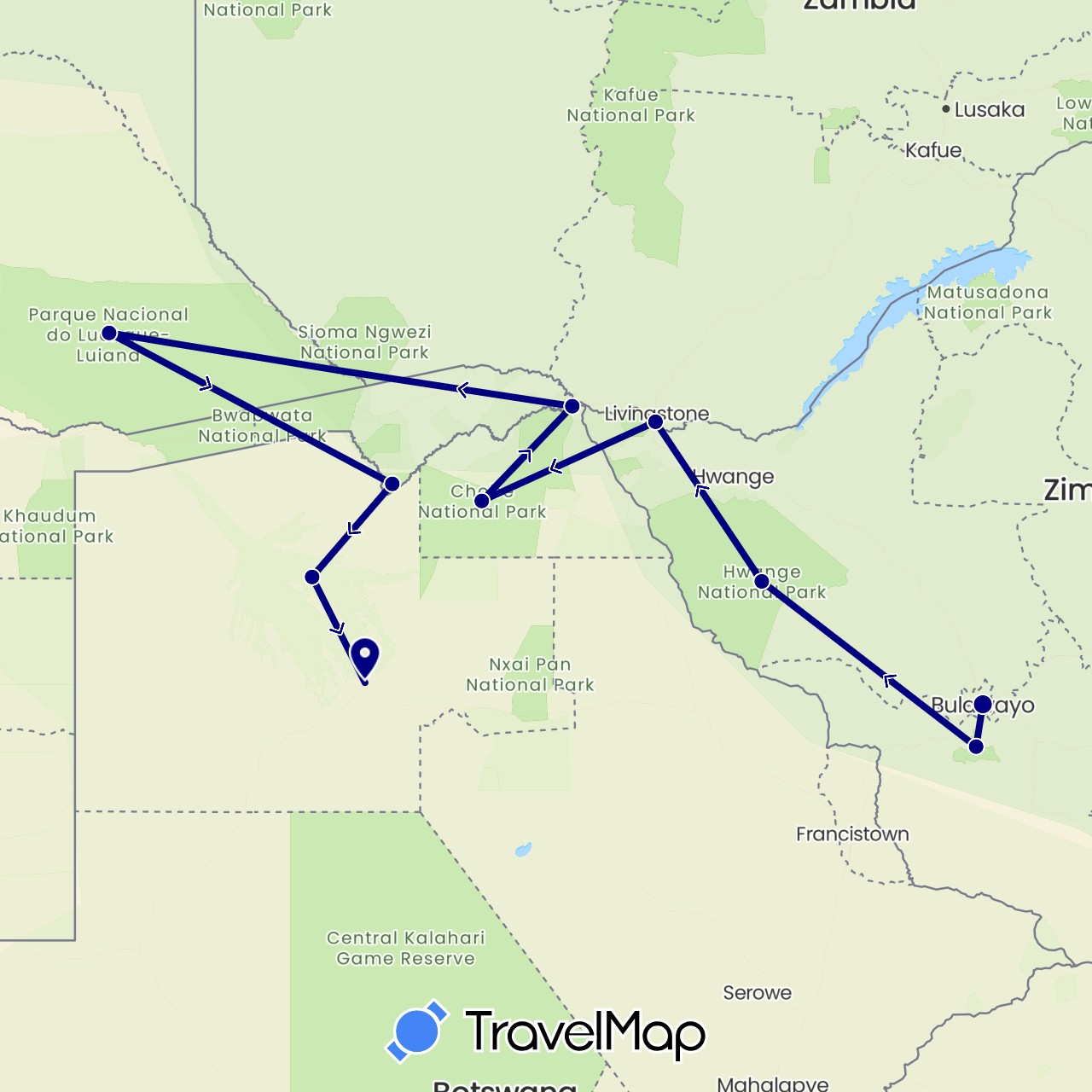TravelMap itinerary: driving in Angola, Botswana, Namibia, Zimbabwe (Africa)