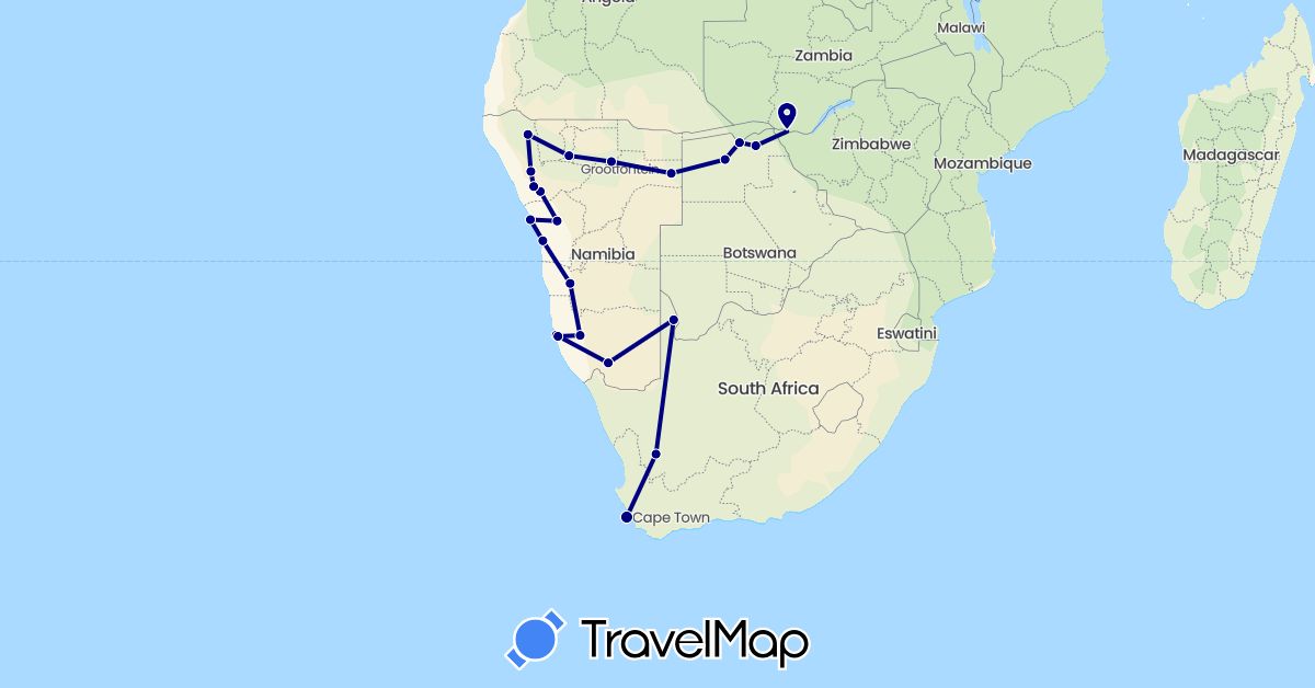 TravelMap itinerary: driving in Botswana, Namibia, South Africa, Zimbabwe (Africa)