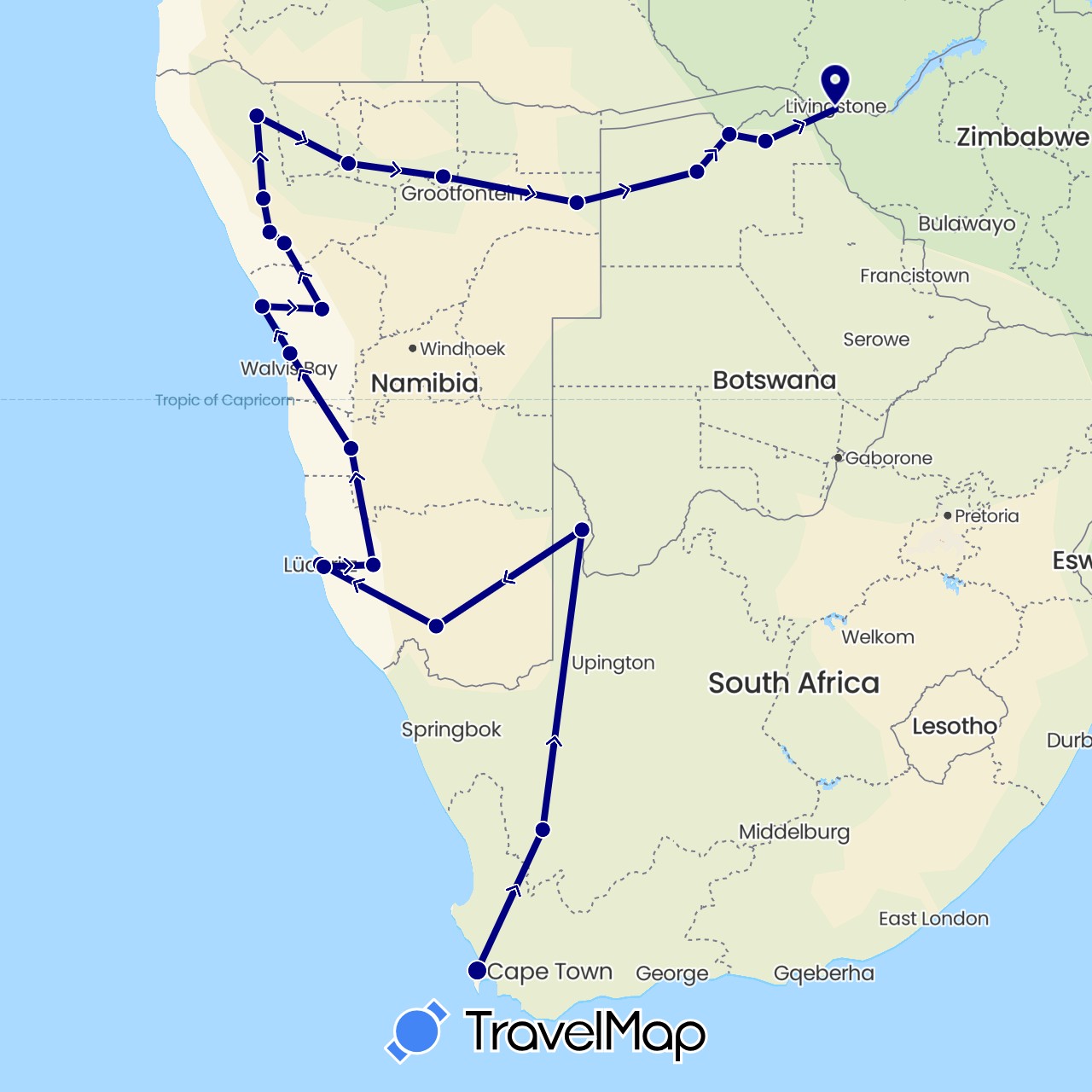 TravelMap itinerary: driving in Botswana, Namibia, South Africa, Zimbabwe (Africa)