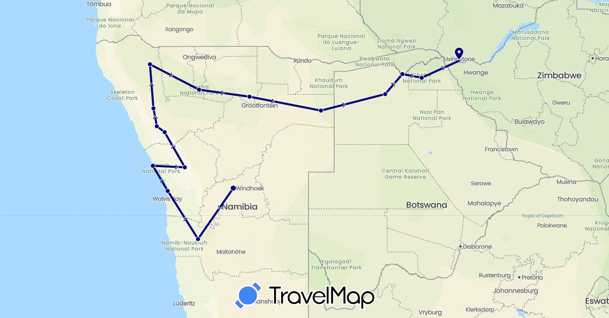 TravelMap itinerary: driving in Botswana, Namibia, Zimbabwe (Africa)