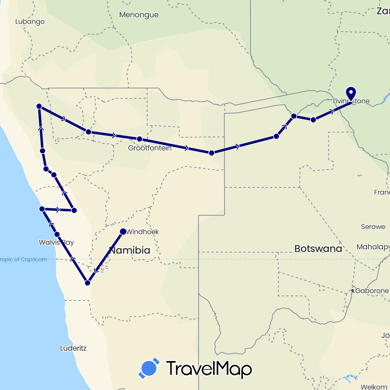TravelMap itinerary: driving in Botswana, Namibia, Zimbabwe (Africa)