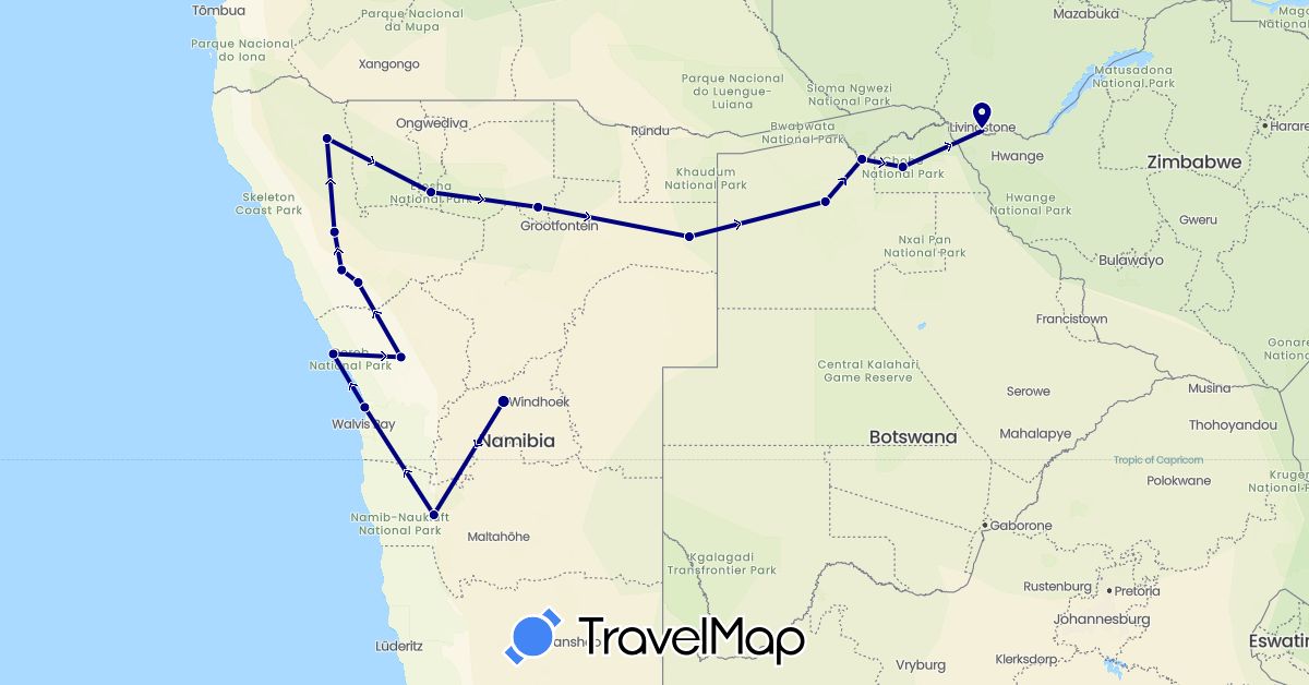 TravelMap itinerary: driving in Botswana, Namibia, Zimbabwe (Africa)