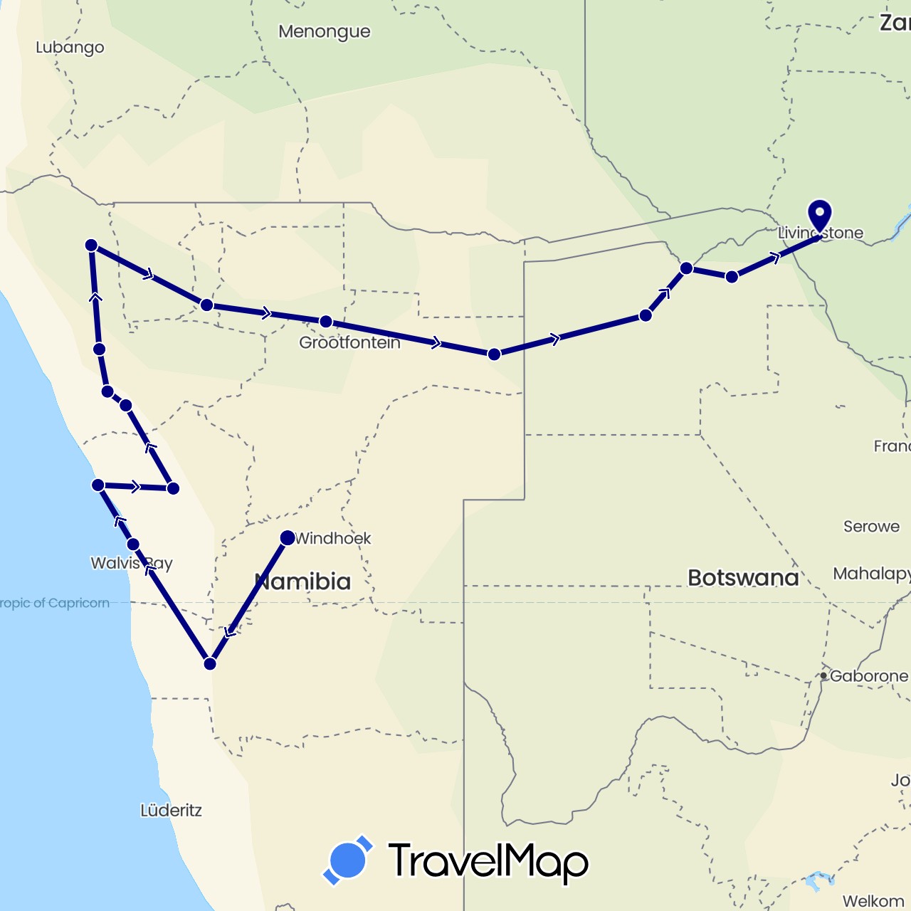 TravelMap itinerary: driving in Botswana, Namibia, Zimbabwe (Africa)