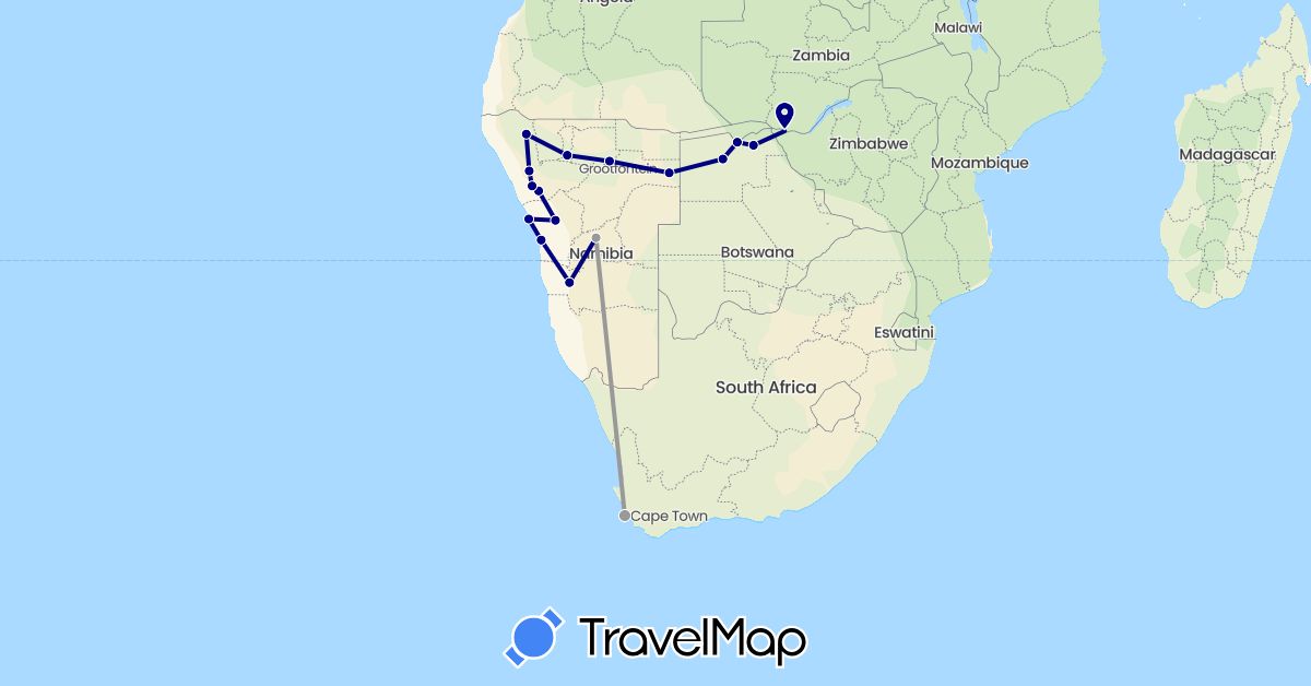 TravelMap itinerary: driving, plane in Botswana, Namibia, South Africa, Zimbabwe (Africa)