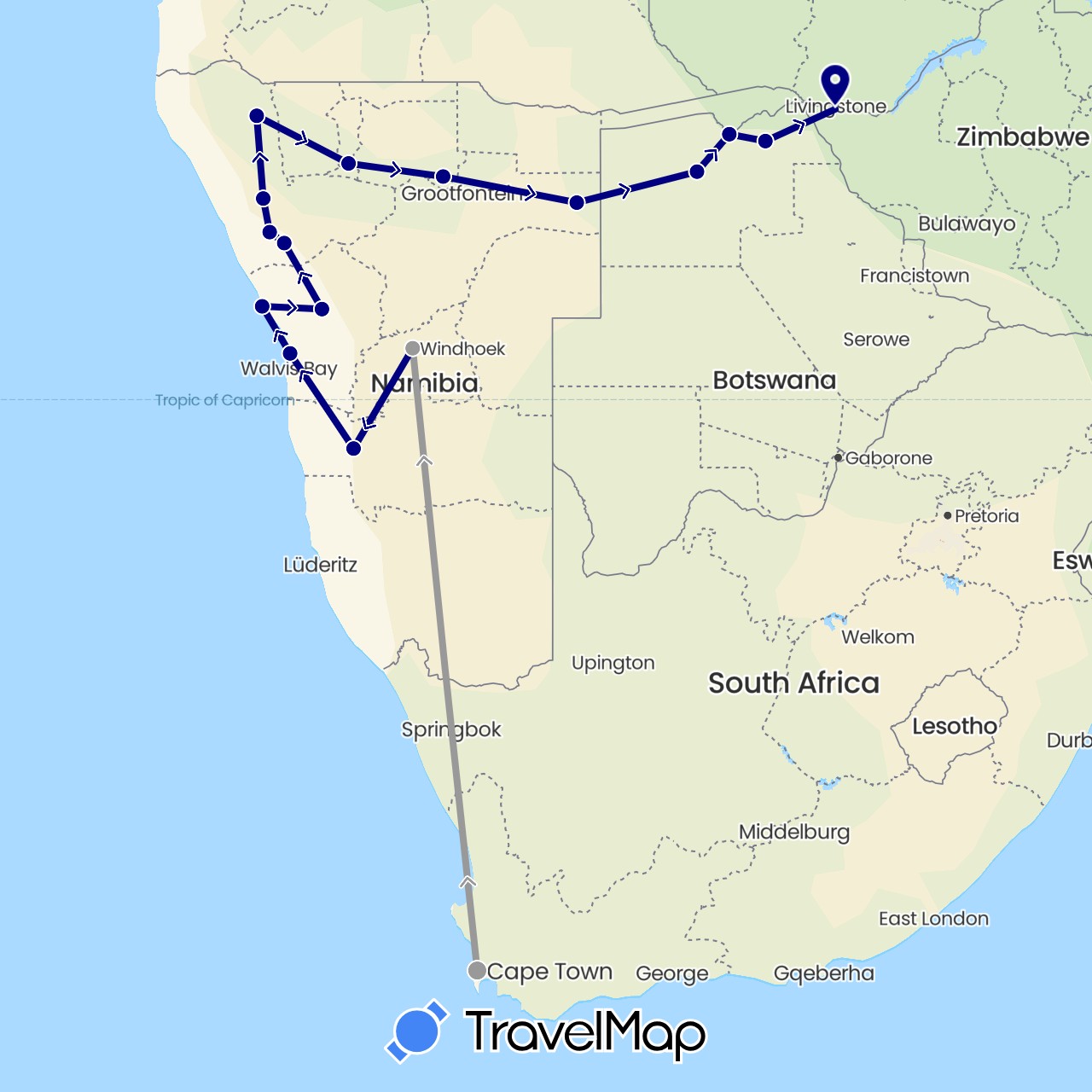 TravelMap itinerary: driving, plane in Botswana, Namibia, South Africa, Zimbabwe (Africa)
