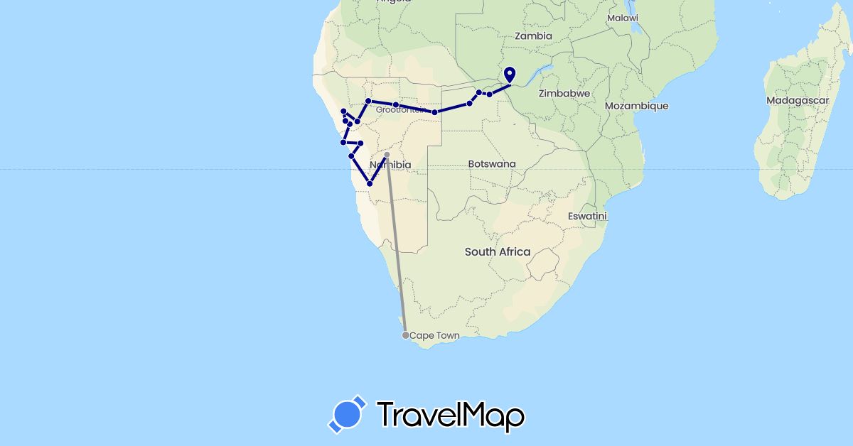 TravelMap itinerary: driving, plane in Botswana, Namibia, South Africa, Zimbabwe (Africa)