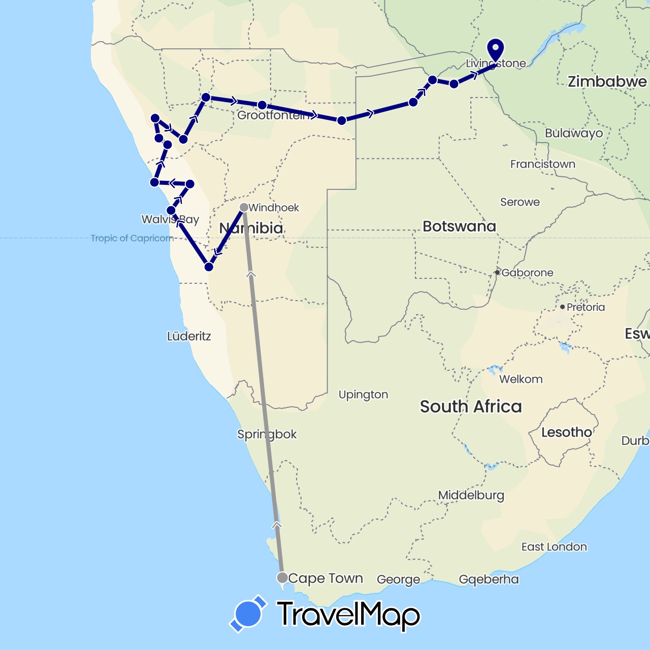 TravelMap itinerary: driving, plane in Botswana, Namibia, South Africa, Zimbabwe (Africa)