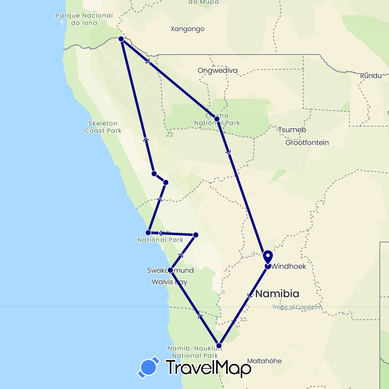 TravelMap itinerary: driving in Namibia (Africa)