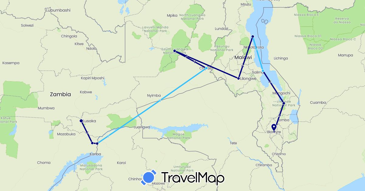 TravelMap itinerary: driving, boat in Malawi, Zambia, Zimbabwe (Africa)