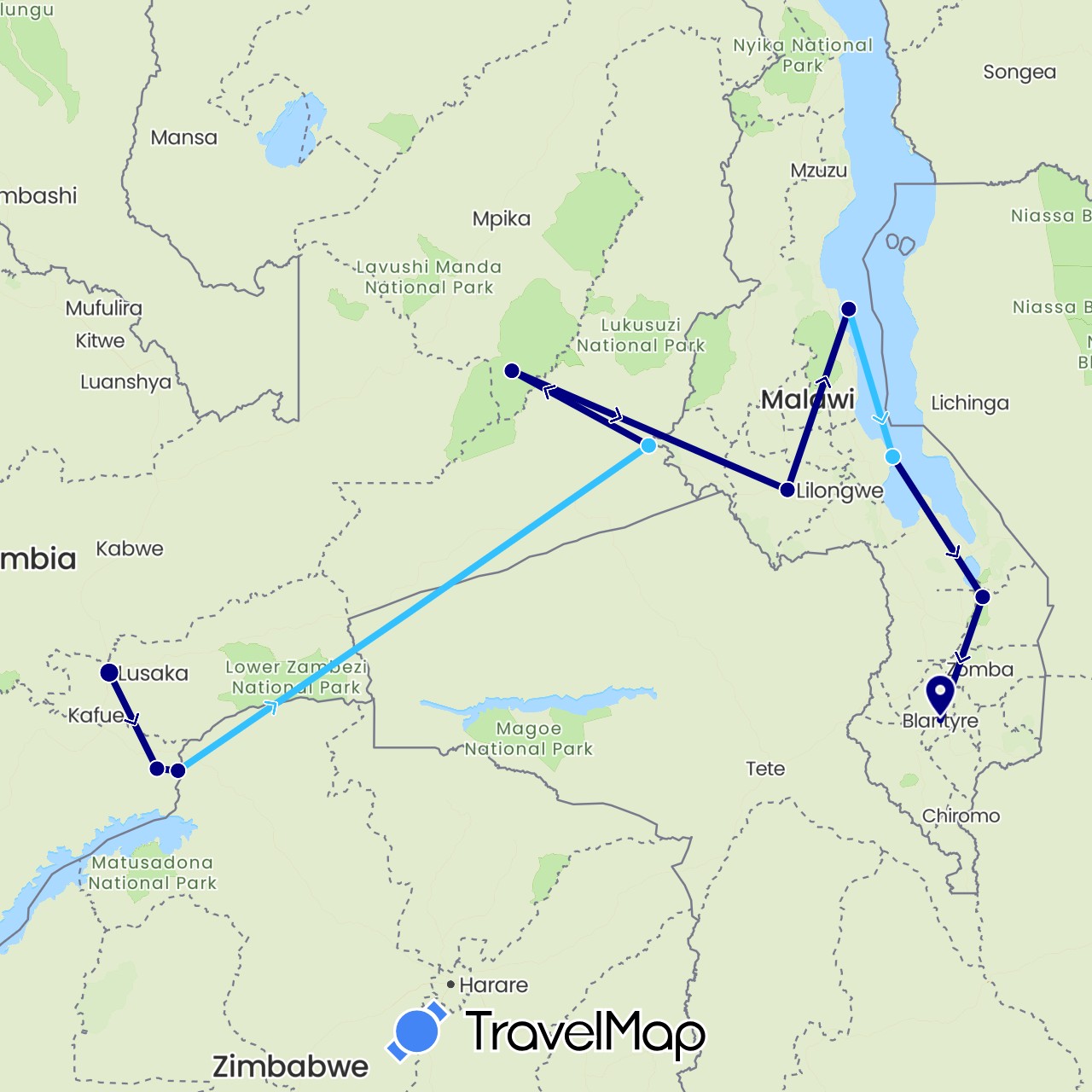 TravelMap itinerary: driving, boat in Malawi, Zambia, Zimbabwe (Africa)