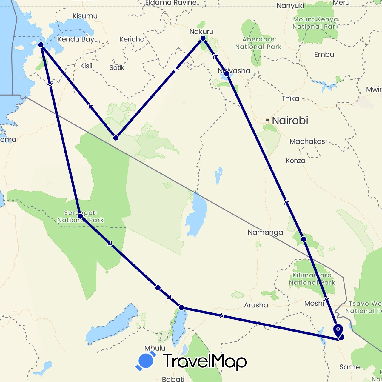 TravelMap itinerary: driving in Kenya, Tanzania (Africa)