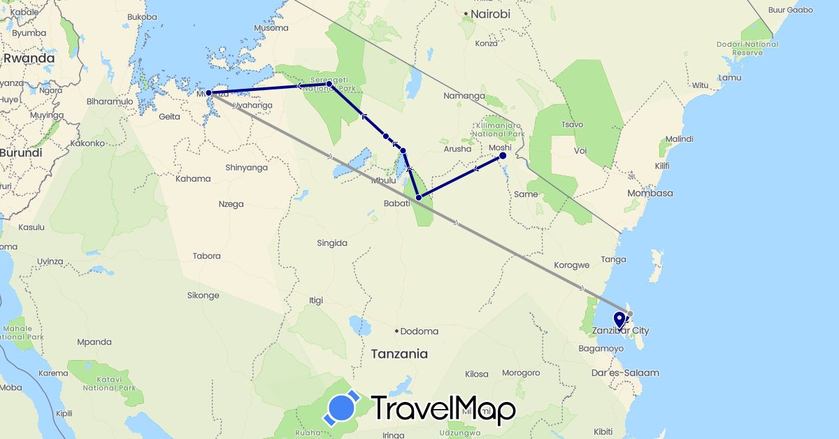 TravelMap itinerary: driving, plane in Tanzania (Africa)