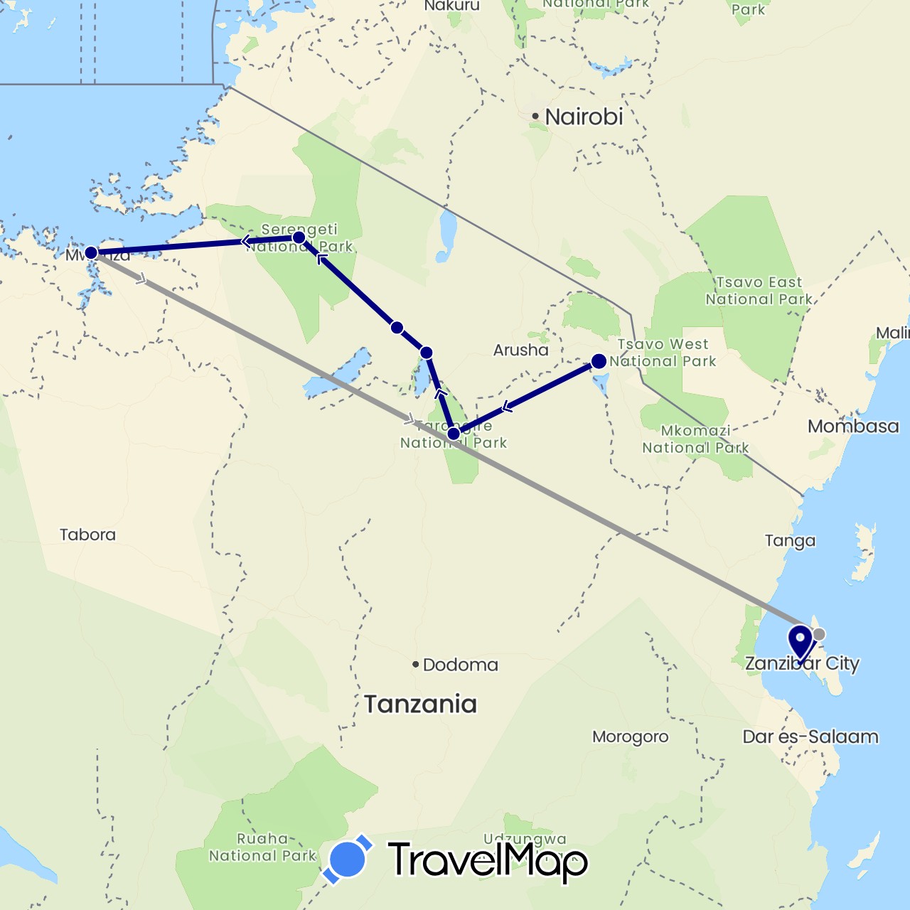 TravelMap itinerary: driving, plane in Tanzania (Africa)