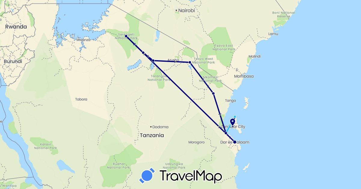 TravelMap itinerary: driving, boat in Tanzania (Africa)