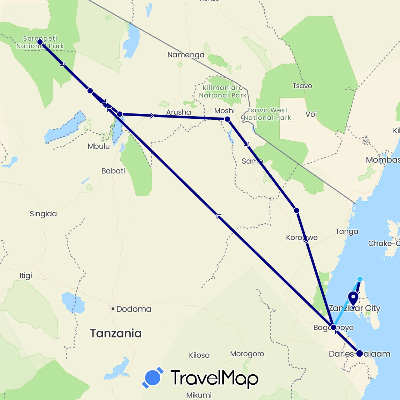 TravelMap itinerary: driving, boat in Tanzania (Africa)