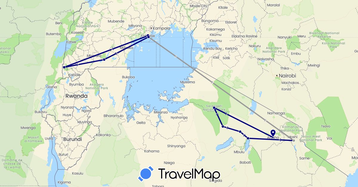 TravelMap itinerary: driving, plane in Tanzania, Uganda (Africa)