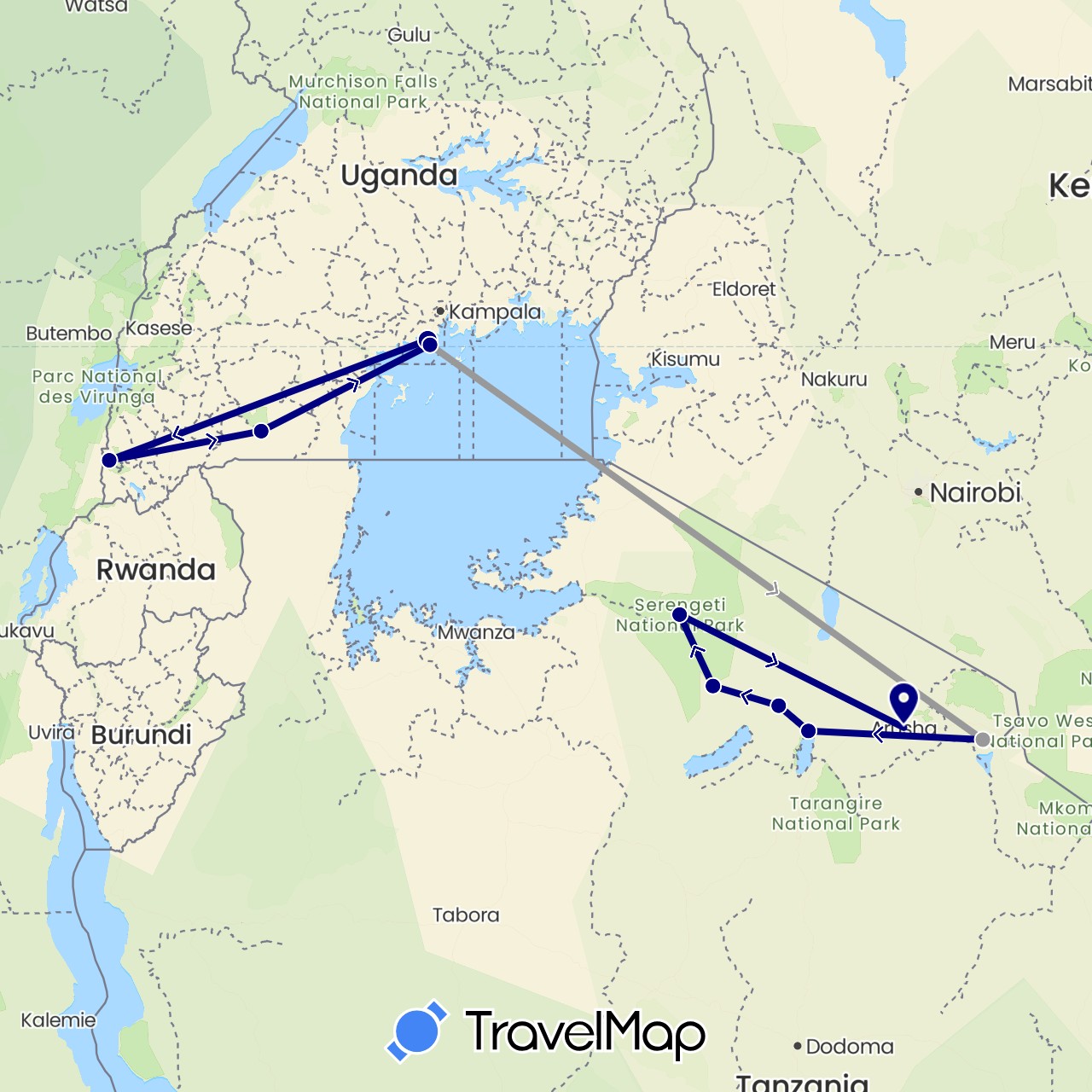 TravelMap itinerary: driving, plane in Tanzania, Uganda (Africa)
