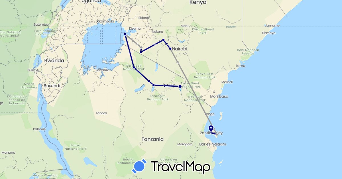 TravelMap itinerary: driving, plane in Kenya, Tanzania (Africa)