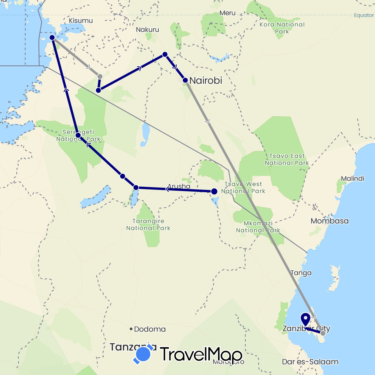 TravelMap itinerary: driving, plane in Kenya, Tanzania (Africa)