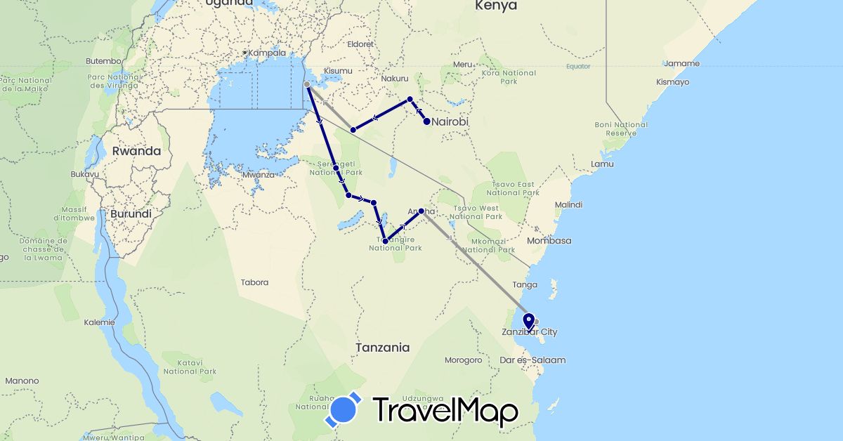 TravelMap itinerary: driving, plane in Kenya, Tanzania (Africa)