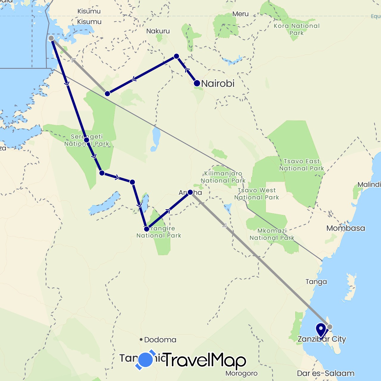 TravelMap itinerary: driving, plane in Kenya, Tanzania (Africa)