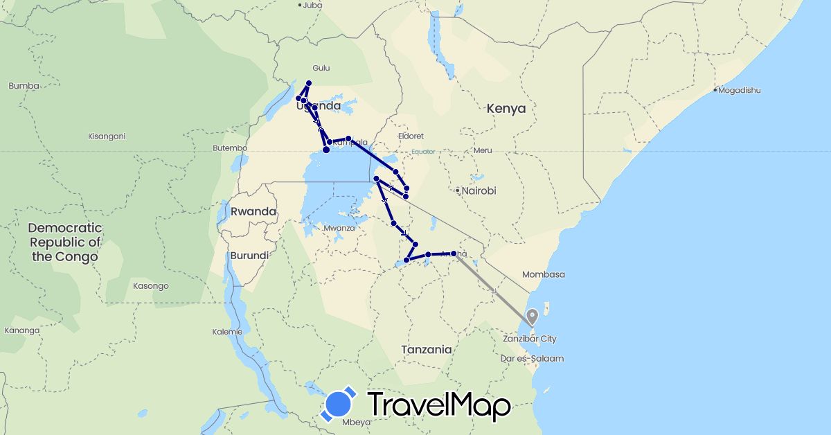 TravelMap itinerary: driving, plane in Kenya, Tanzania, Uganda (Africa)