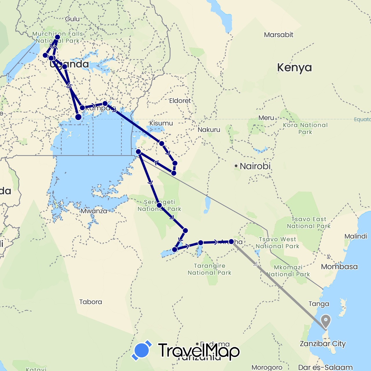 TravelMap itinerary: driving, plane in Kenya, Tanzania, Uganda (Africa)
