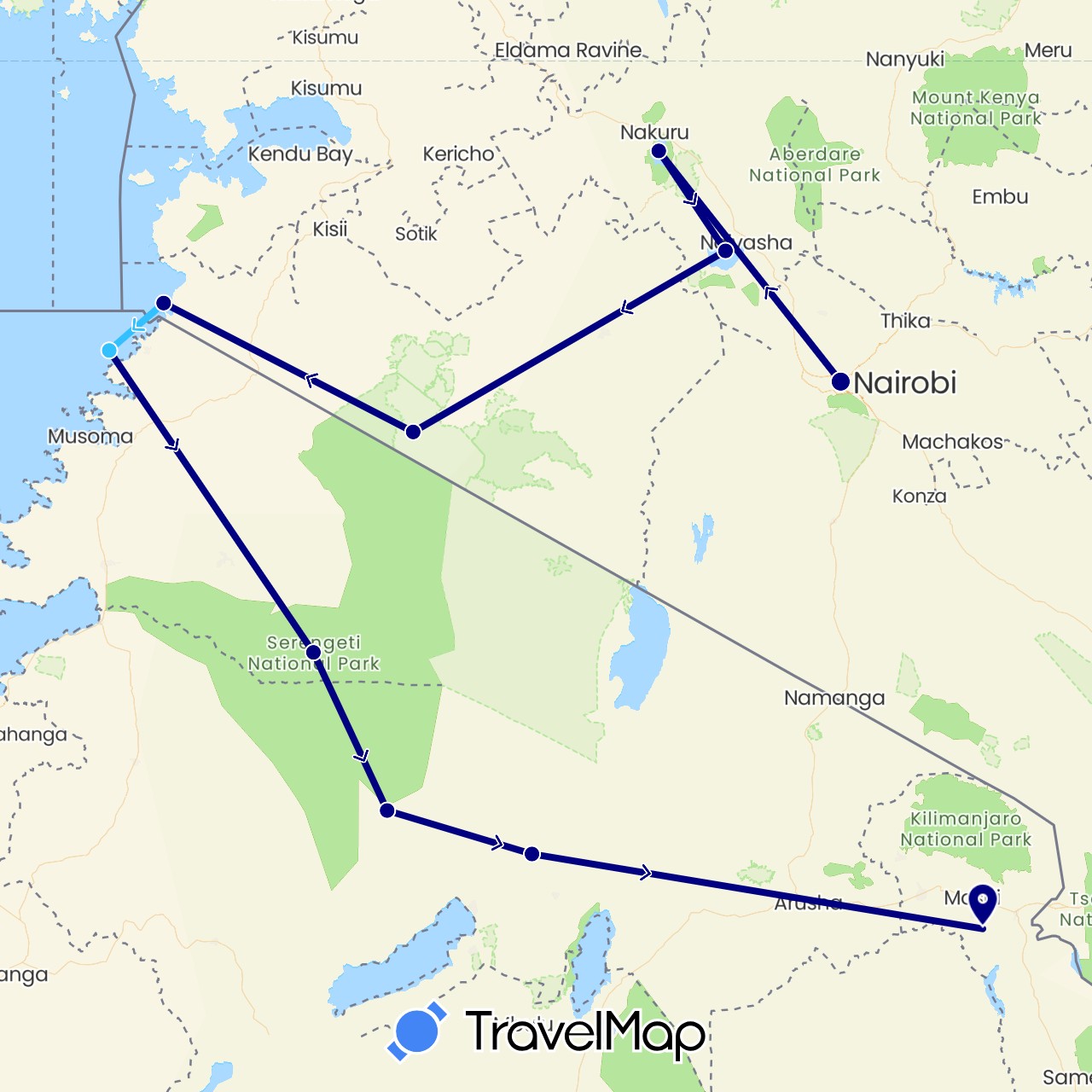 TravelMap itinerary: driving, boat in Kenya, Tanzania (Africa)