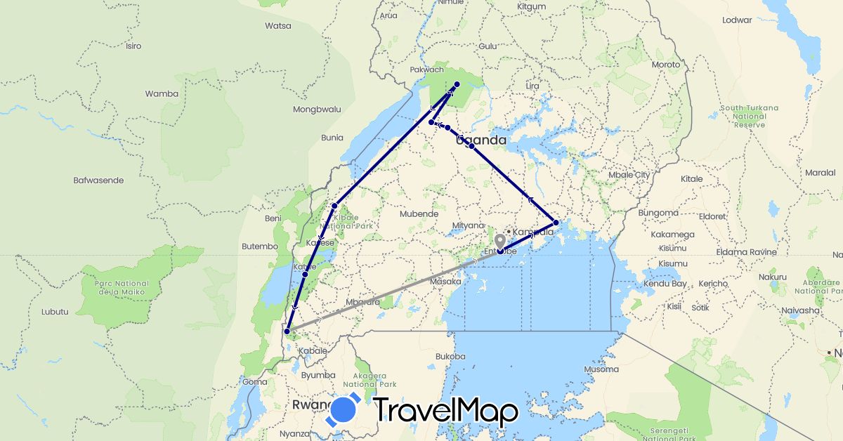 TravelMap itinerary: driving, plane in Uganda (Africa)