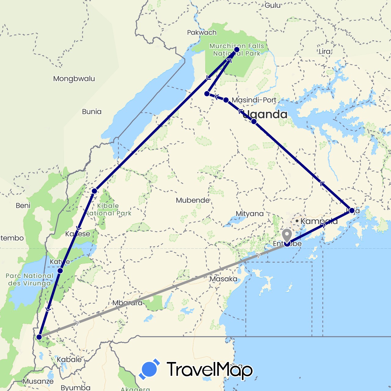 TravelMap itinerary: driving, plane in Uganda (Africa)
