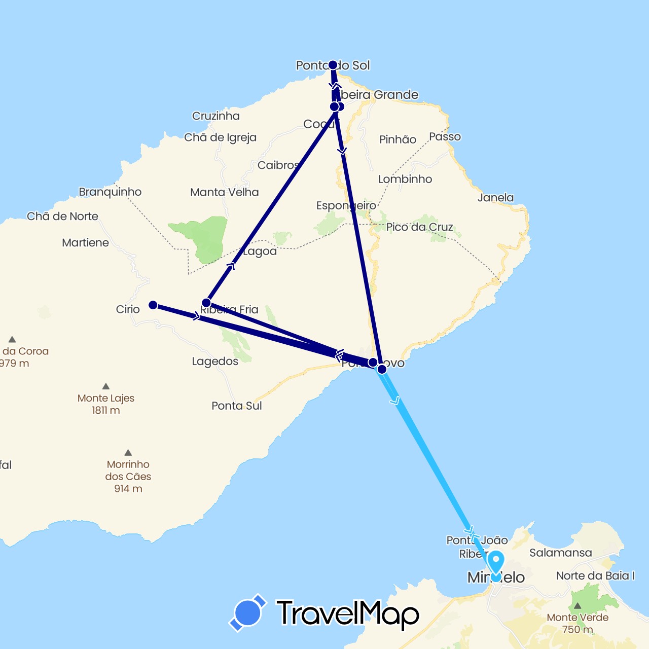 TravelMap itinerary: driving, boat in Cape Verde (Africa)