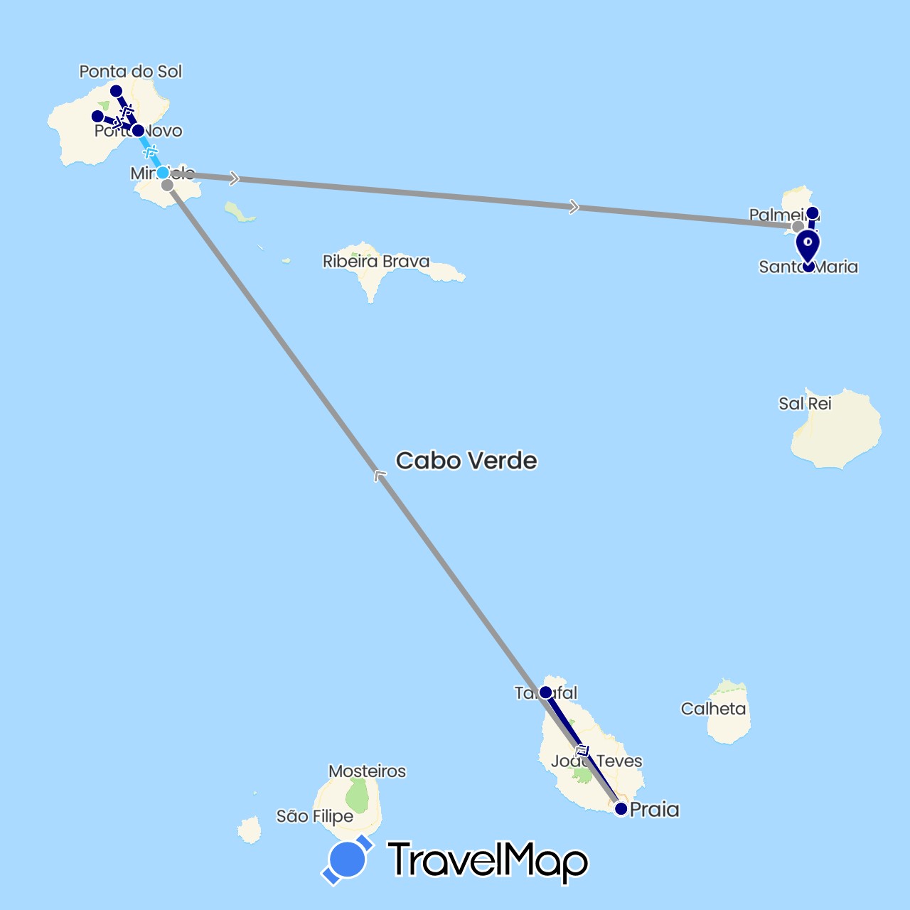 TravelMap itinerary: driving, plane, boat in Cape Verde (Africa)