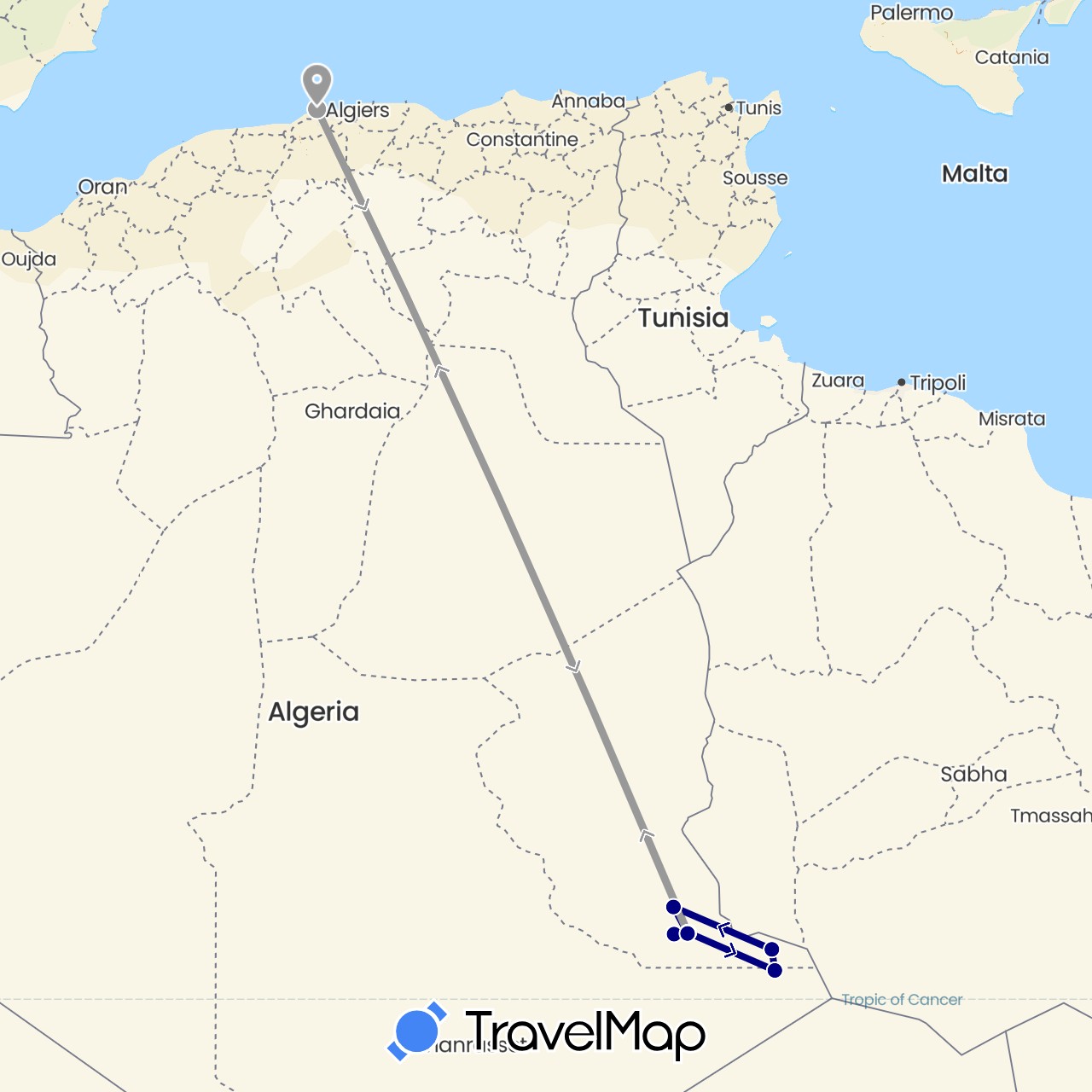 TravelMap itinerary: driving, plane in Algeria (Africa)