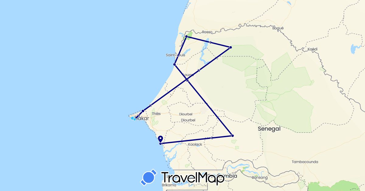 TravelMap itinerary: driving, boat in Senegal (Africa)