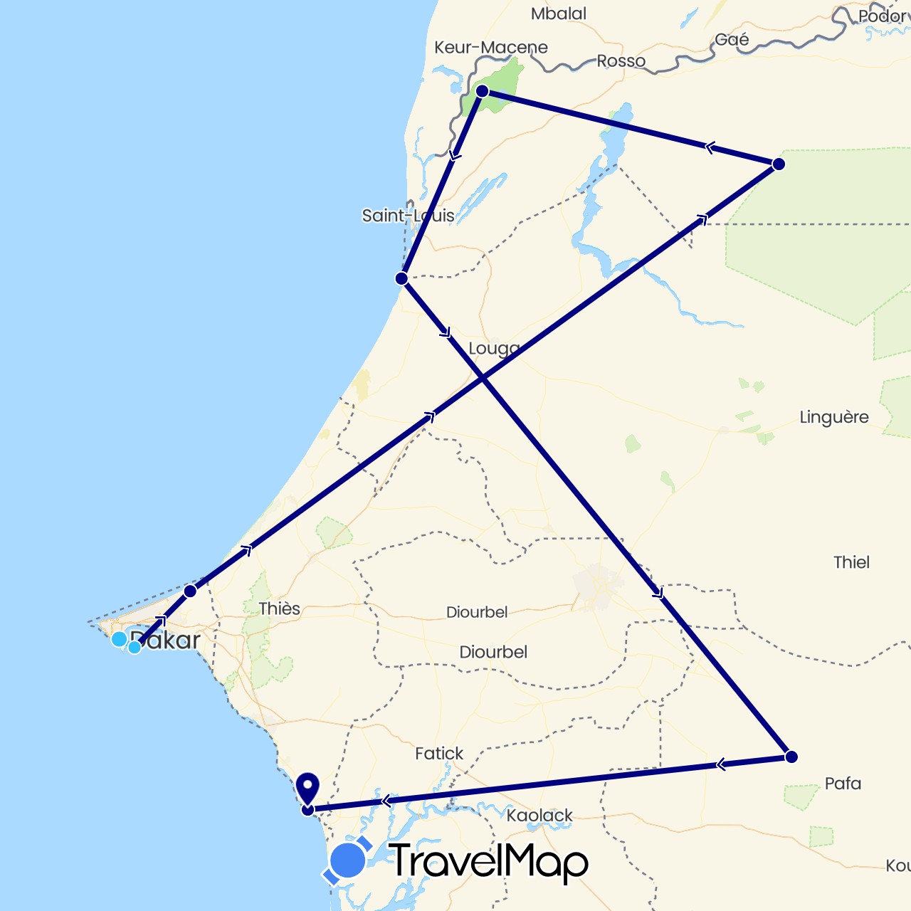 TravelMap itinerary: driving, boat in Senegal (Africa)