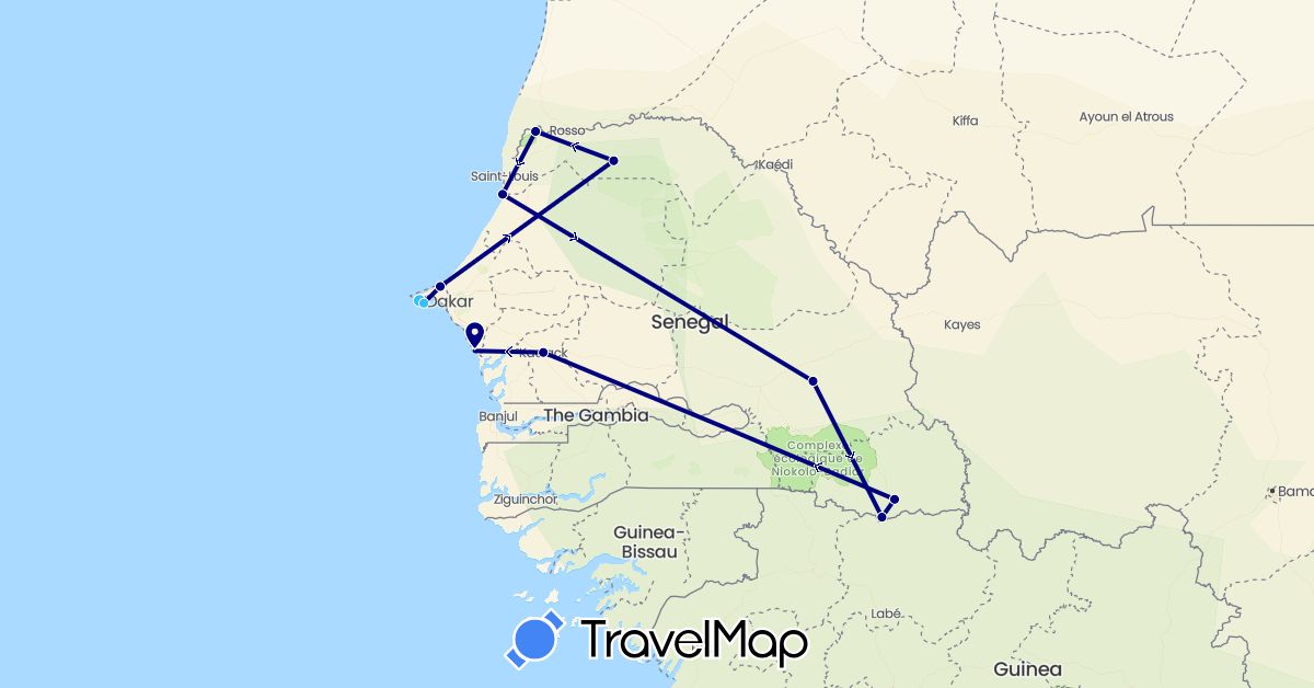 TravelMap itinerary: driving, boat in Senegal (Africa)