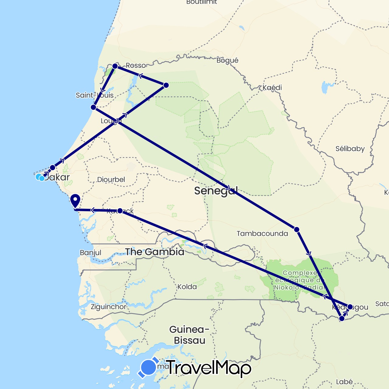 TravelMap itinerary: driving, boat in Senegal (Africa)